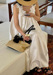 New White Floral Solid Cotton Maxi Dresses Sleeveless
