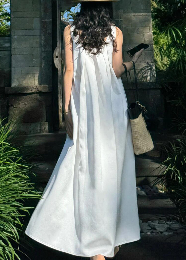 New White Floral Solid Cotton Maxi Dresses Sleeveless