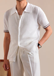 New White Hollow Out Button Knit Men Polo Shirt Summer