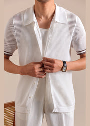 New White Hollow Out Button Knit Men Polo Shirt Summer
