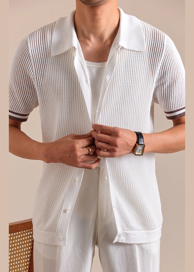 New White Hollow Out Button Knit Men Polo Shirt Summer