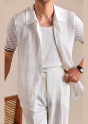 New White Hollow Out Button Knit Men Polo Shirt Summer
