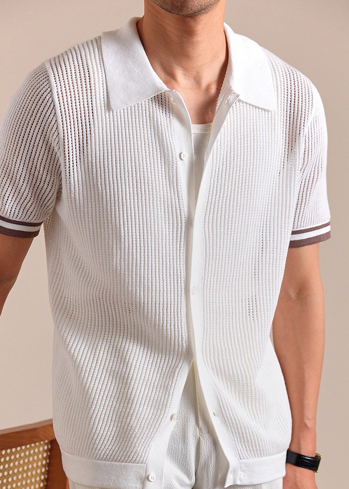 New White Hollow Out Button Knit Men Polo Shirt Summer