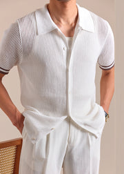 New White Hollow Out Button Knit Men Polo Shirt Summer