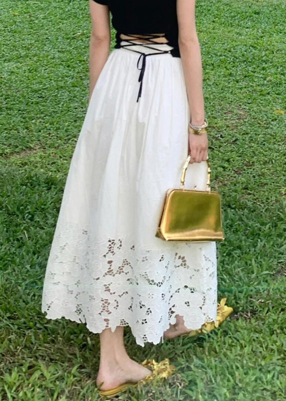 New White Hollow Out Elastic Waist Cotton Skirt Summer