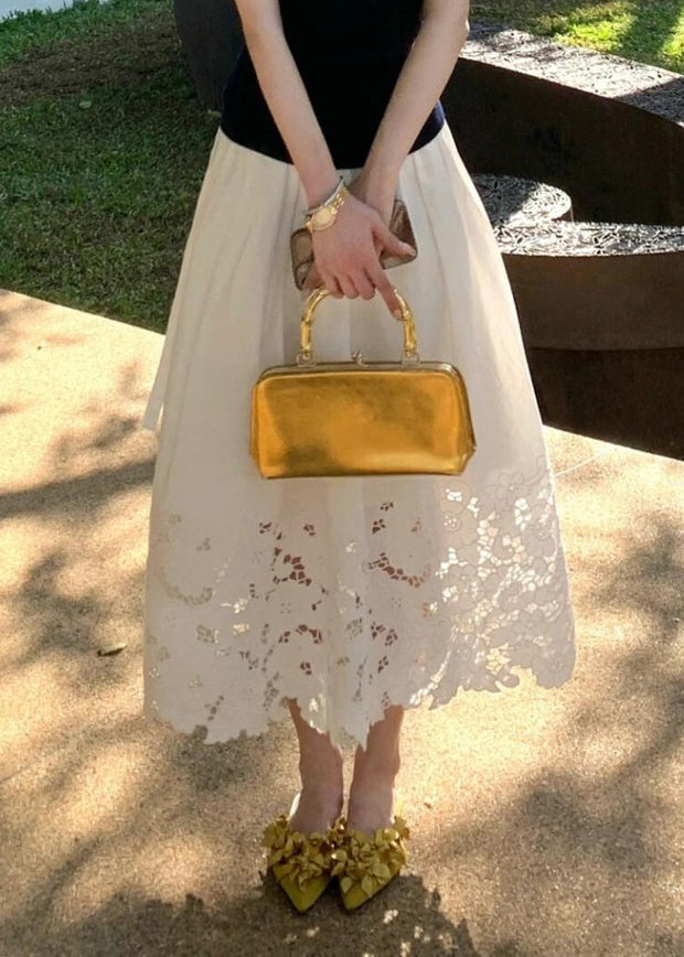 New White Hollow Out Elastic Waist Cotton Skirt Summer