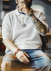 New White Hollow Out Knit Mens Polo Shirts Summer