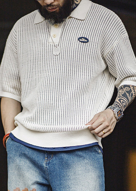 New White Hollow Out Knit Mens Polo Shirts Summer