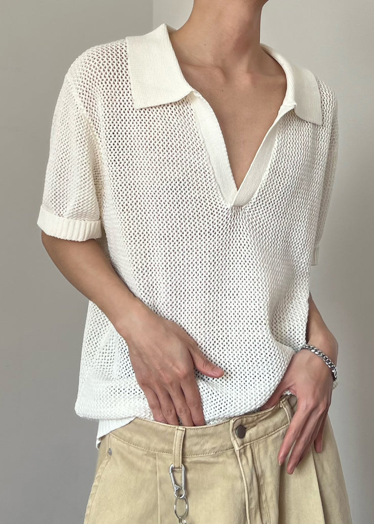 New White Hollow Out Solid Knit Men Polo Shirt Summer