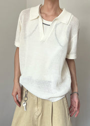 New White Hollow Out Solid Knit Men Polo Shirt Summer