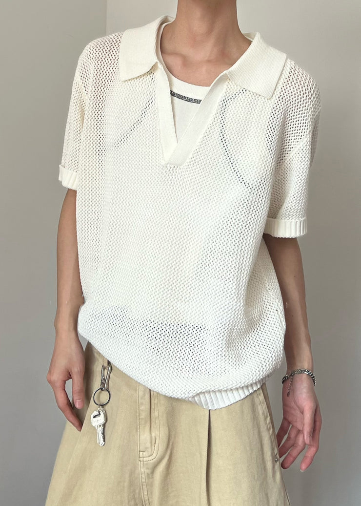 New White Hollow Out Solid Knit Men Polo Shirt Summer
