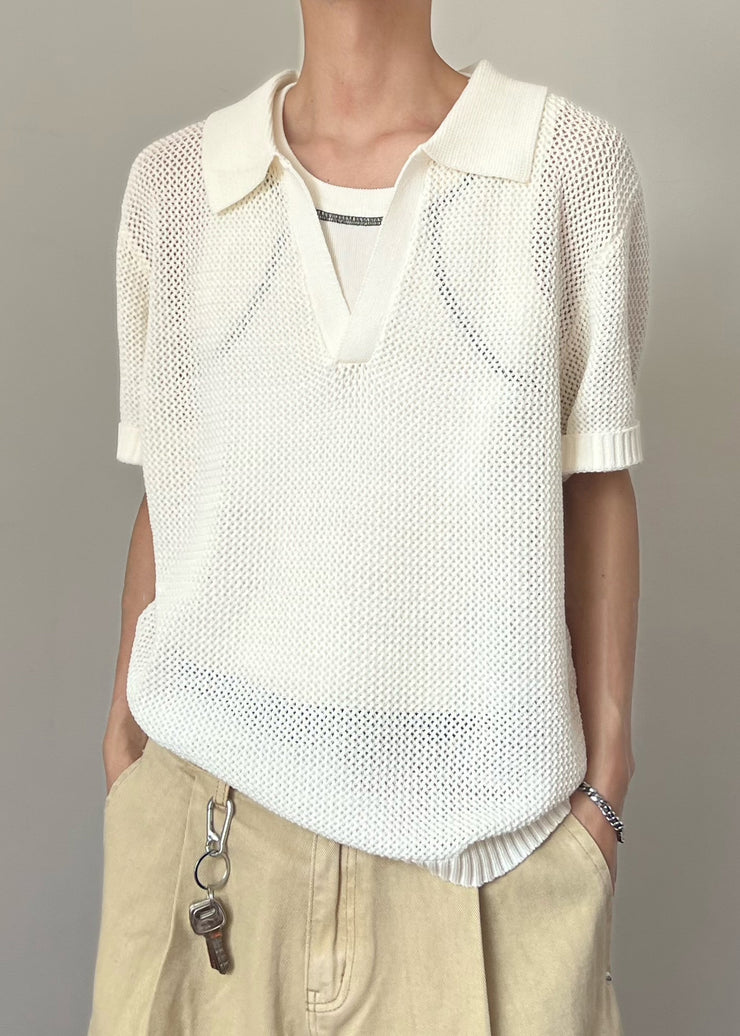 New White Hollow Out Solid Knit Men Polo Shirt Summer