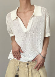 New White Hollow Out Solid Knit Men Polo Shirt Summer