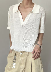 New White Hollow Out Solid Knit Men Polo Shirt Summer