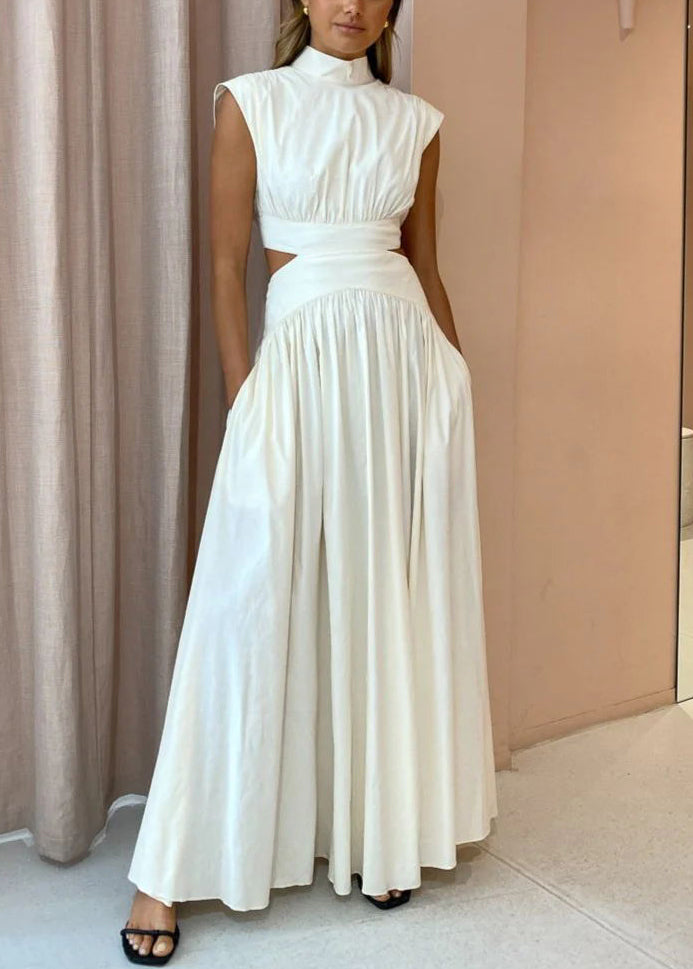 New White Hollow Out Wrinkled Pockets Cotton Maxi Dresses Summer