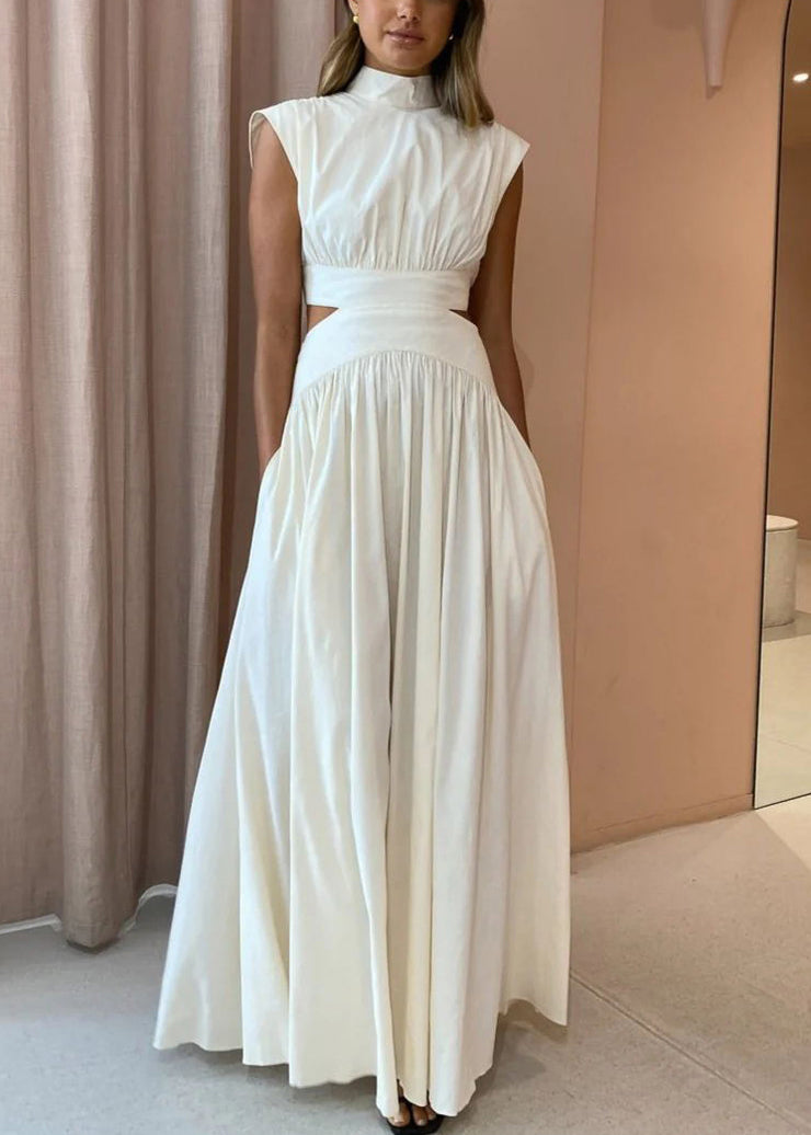New White Hollow Out Wrinkled Pockets Cotton Maxi Dresses Summer