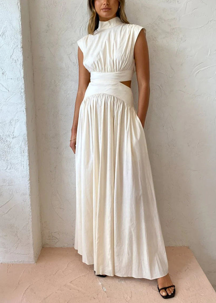 New White Hollow Out Wrinkled Pockets Cotton Maxi Dresses Summer