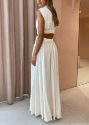 New White Hollow Out Wrinkled Pockets Cotton Maxi Dresses Summer