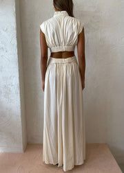New White Hollow Out Wrinkled Pockets Cotton Maxi Dresses Summer