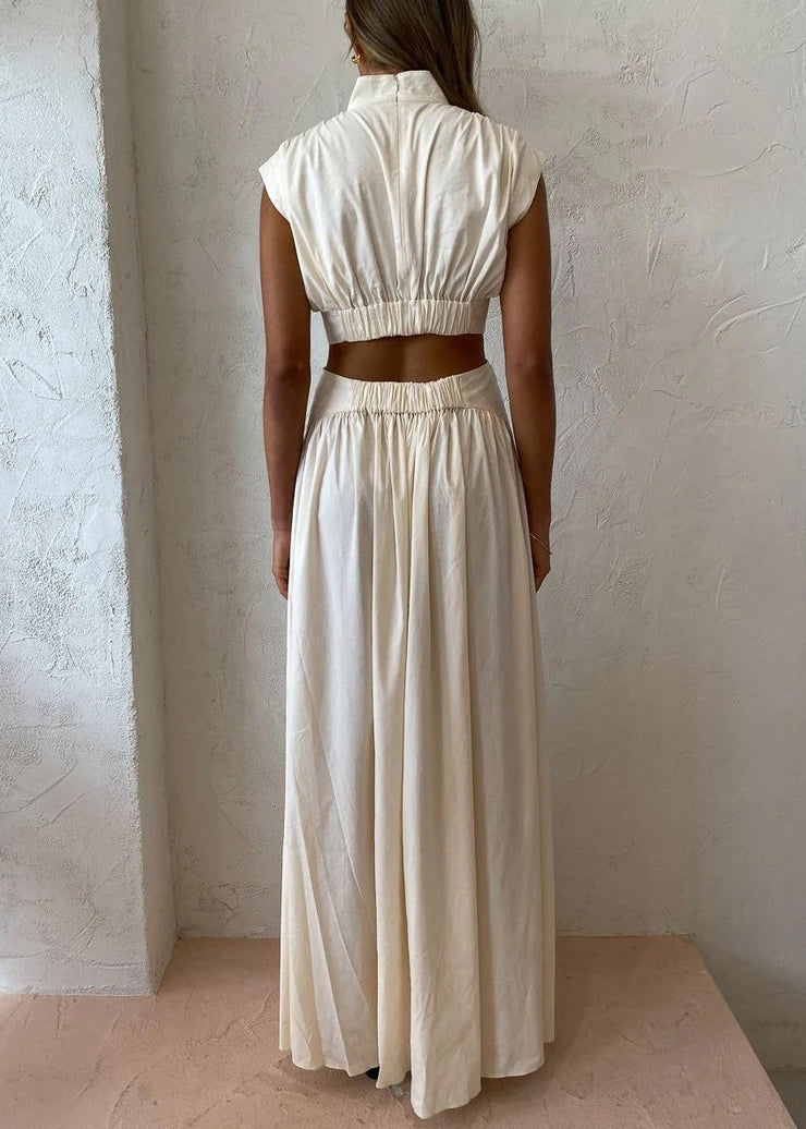 New White Hollow Out Wrinkled Pockets Cotton Maxi Dresses Summer