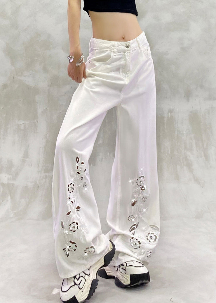 New White Hollow Out Zircon High Waist Denim Pants Summer