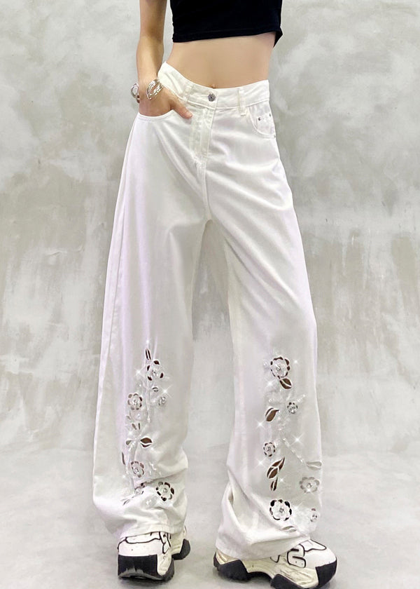 New White Hollow Out Zircon High Waist Denim Pants Summer