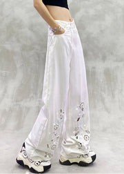 New White Hollow Out Zircon High Waist Denim Pants Summer