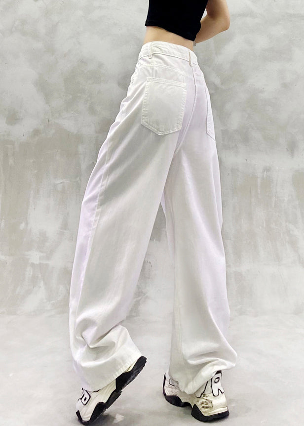 New White Hollow Out Zircon High Waist Denim Pants Summer