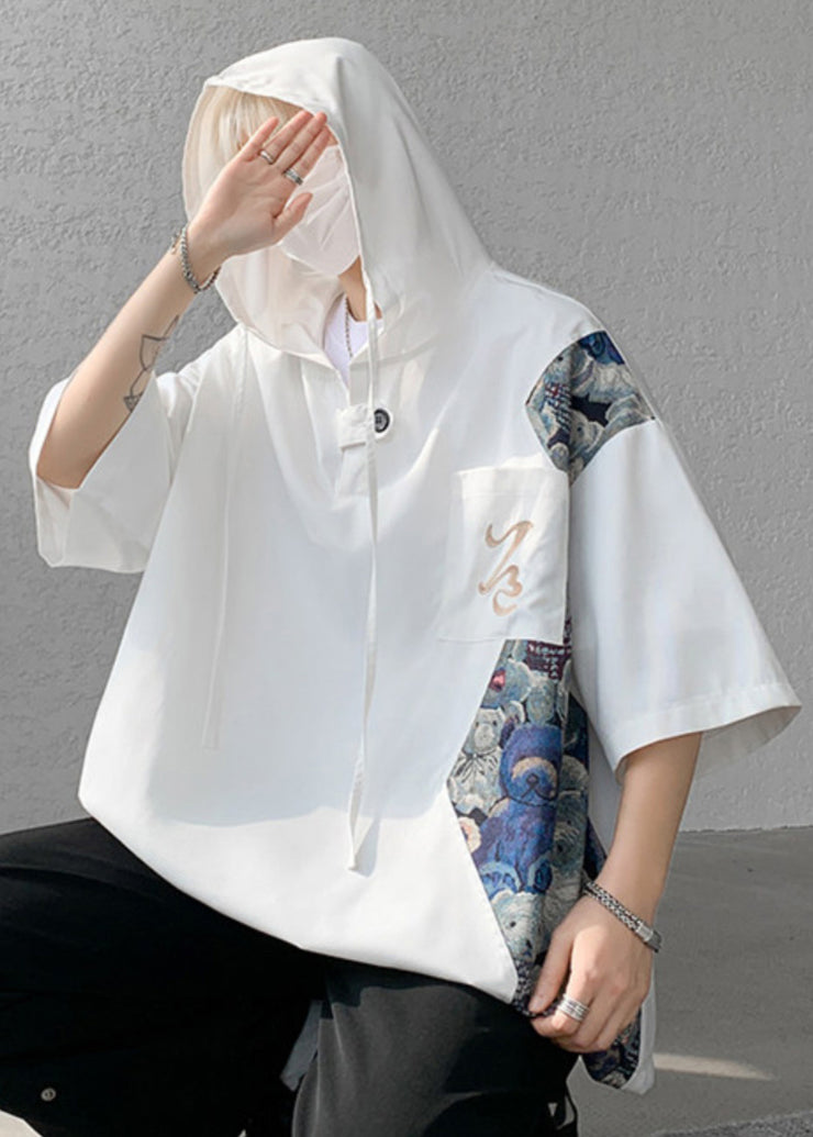 New White Hooded Patchwork Cotton Mens T Shirt Designer Summer