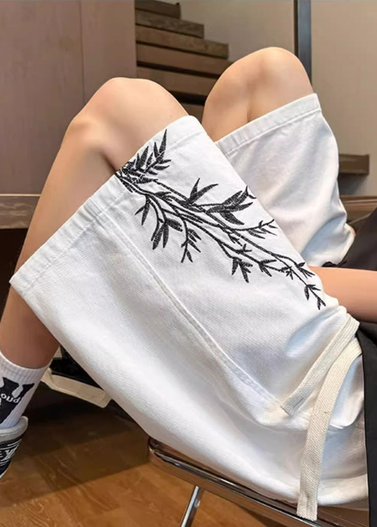 New White Lace Up Pockets Elastic Waist Denim Men Shorts