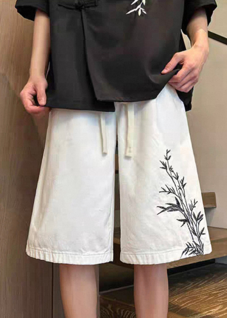 New White Lace Up Pockets Elastic Waist Denim Men Shorts