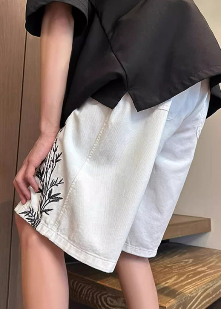 New White Lace Up Pockets Elastic Waist Denim Men Shorts