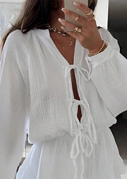 New White Lace Up Solid Cotton Mid Dress Spring