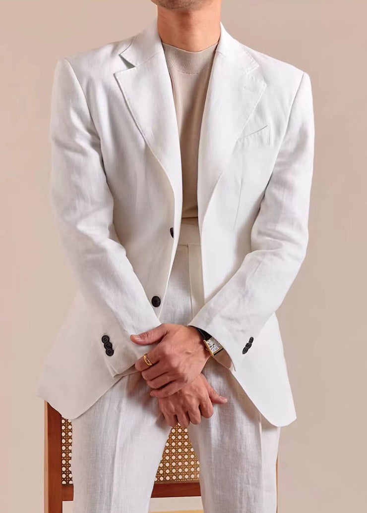 New White Notched Button Pockets Linen Mens Coats Fall