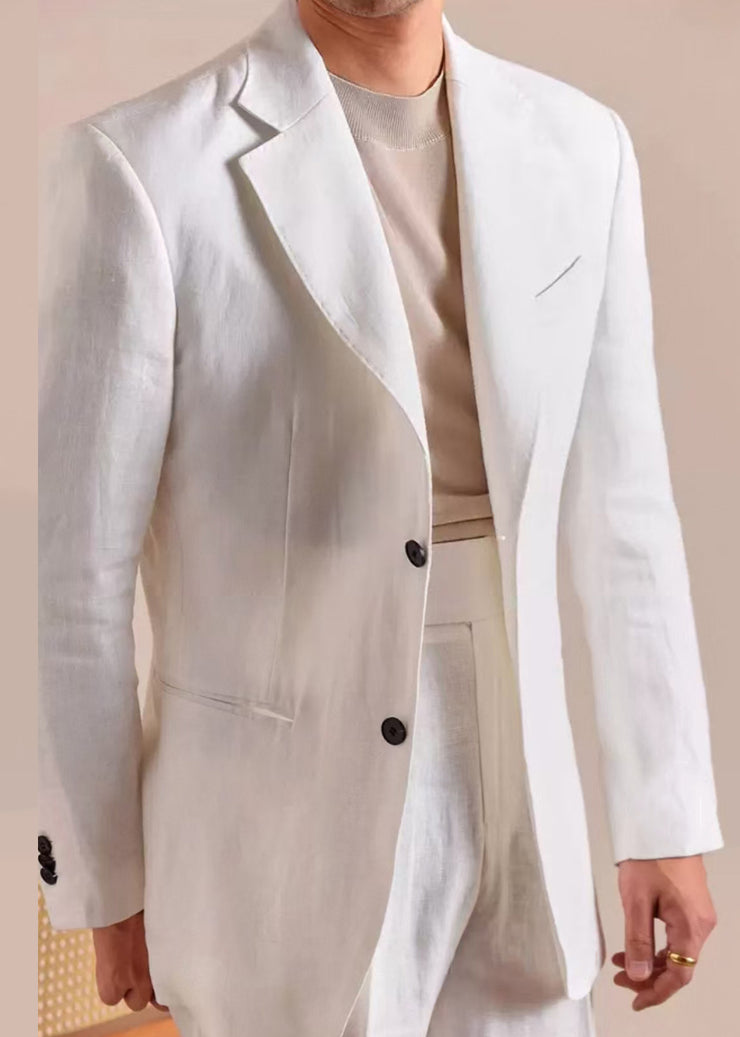 New White Notched Button Pockets Linen Mens Coats Fall