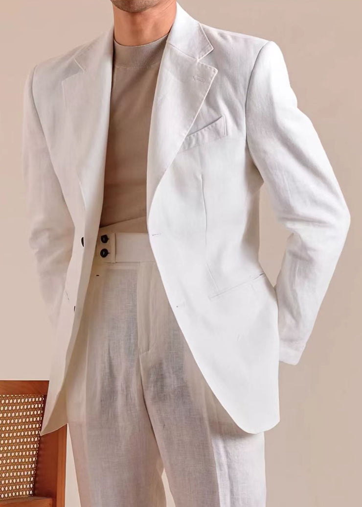 New White Notched Button Pockets Linen Mens Coats Fall