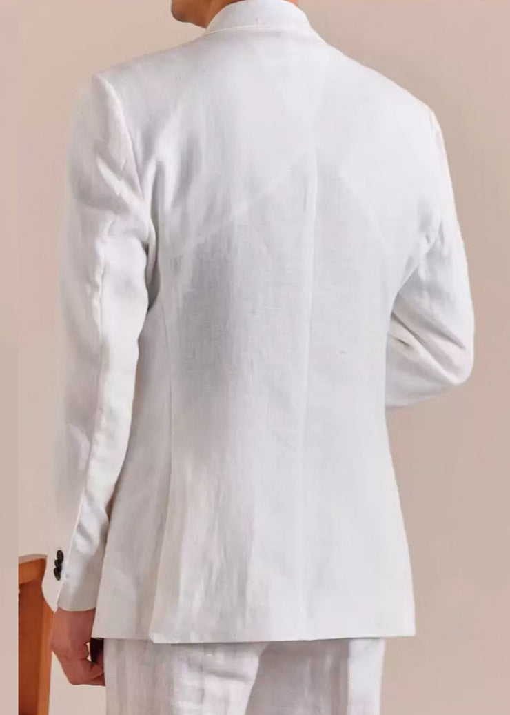 New White Notched Button Pockets Linen Mens Coats Fall