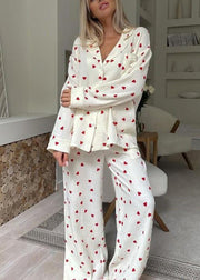 New White Notched Love Print Cotton Pajama Sets Fall