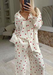 New White Notched Love Print Cotton Pajama Sets Fall