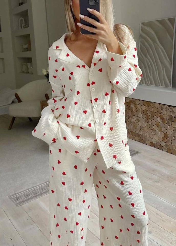 New White Notched Love Print Cotton Pajama Sets Fall
