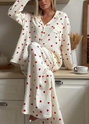 New White Notched Love Print Cotton Pajama Sets Fall