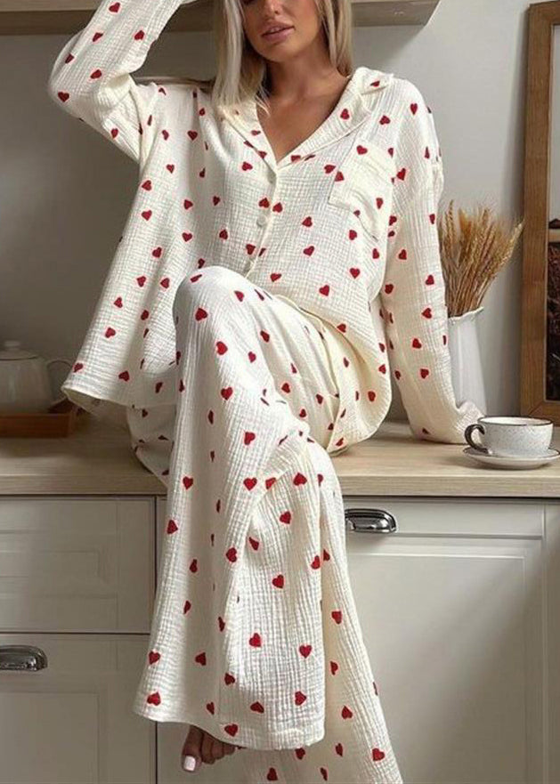 New White Notched Love Print Cotton Pajama Sets Fall