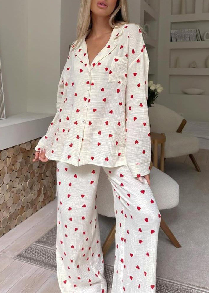 New White Notched Love Print Cotton Pajama Sets Fall