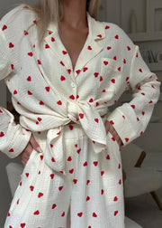 New White Notched Love Print Cotton Pajama Sets Fall