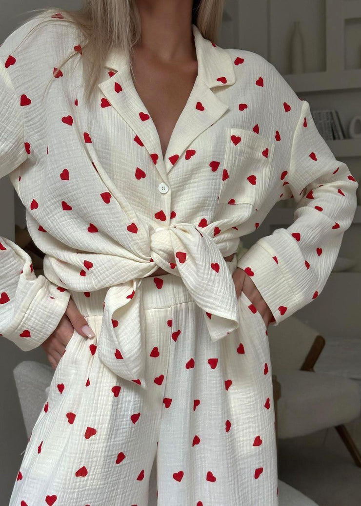 New White Notched Love Print Cotton Pajama Sets Fall