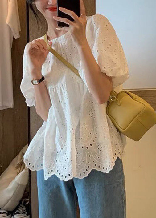 New White O Neck Hollow Out Cotton Shirt Puff Sleeve