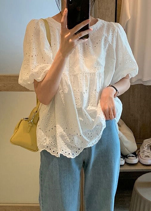 New White O Neck Hollow Out Cotton Shirt Puff Sleeve