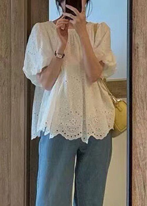 New White O Neck Hollow Out Cotton Shirt Puff Sleeve