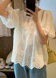 New White O Neck Hollow Out Cotton Shirt Puff Sleeve