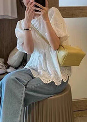 New White O Neck Hollow Out Cotton Shirt Puff Sleeve
